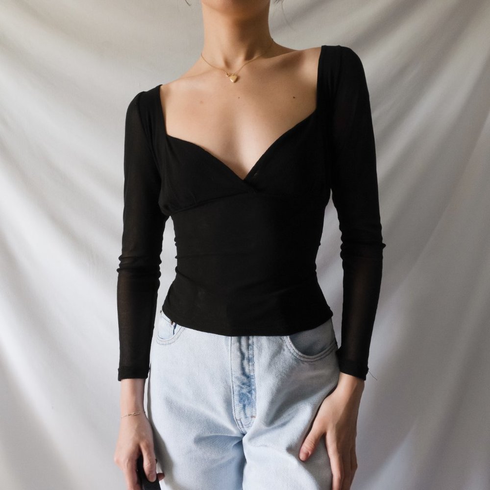 vintage 90s y2k black noir layered mesh sweetheart bustier style long sleeve blo - Picture 5 of 10